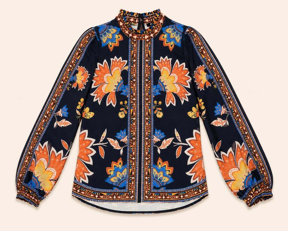 Jealous Tomato Boho Floral Mock Neck Blouse Women’s Small Navy Festival Top
